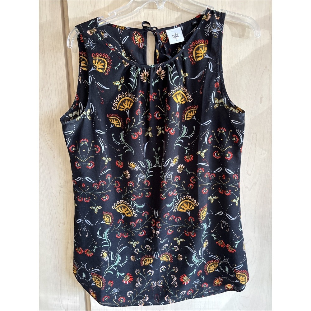 Cabi Legend Sleeveless Top Shell Tank Black Folklore Floral Print #3621 Womens M